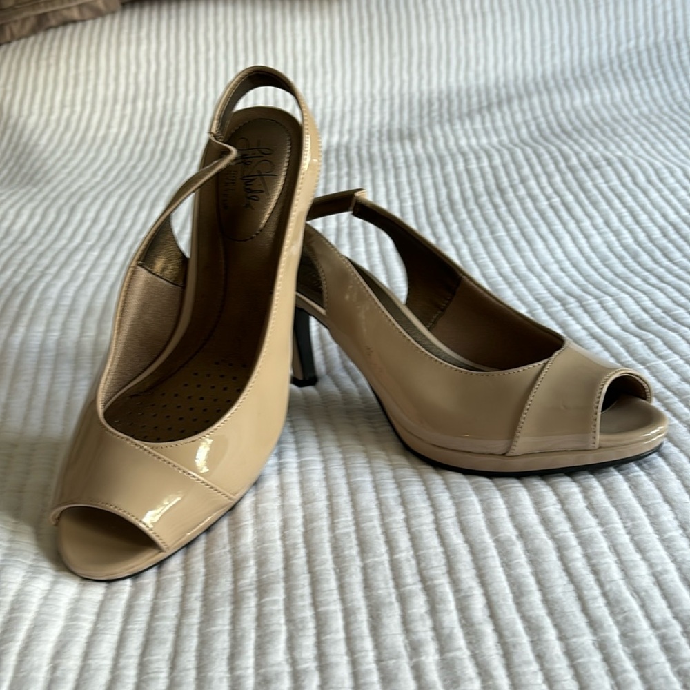 Life stride never worn open toe tan, Patton, leather sling backs